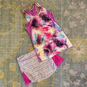 Girls Colorful Pink Tank Top and Striped Tennis Skirt Set